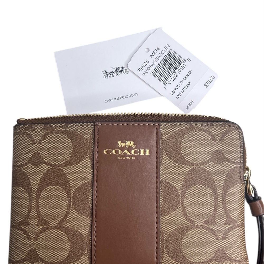 Coach Tan/Brown Corner Zipper Signature Leather Strap Wristlet